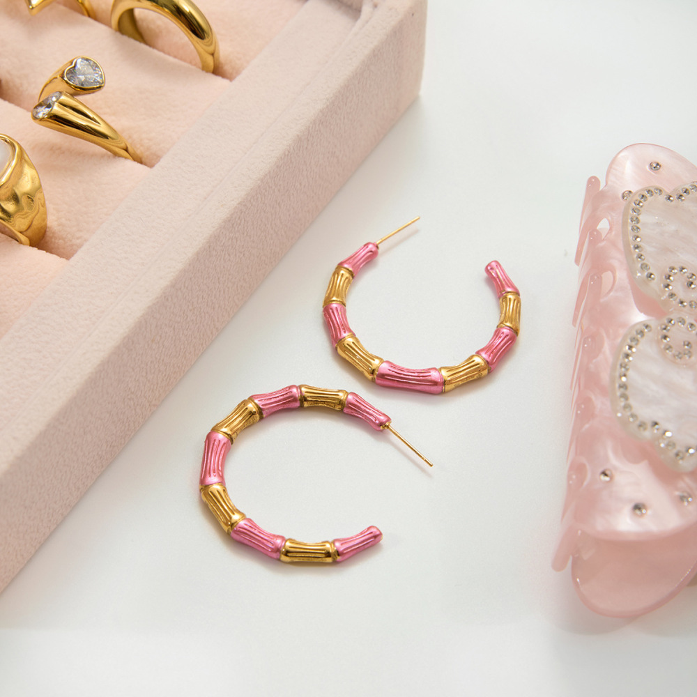 1 Paire De Boucles D'Oreilles Créoles Pour Femmes, En Acier Inoxydable Rose Et Doré, Avec Joint En Bambou. Image3