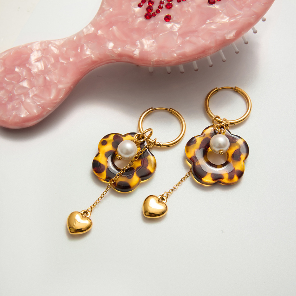 1 Paire De Boucles D'Oreilles Pendantes Pour Femme, En Acrylique Et Acier Inoxydable Imperméables, À Motif Léopard Et Fleurs. h5Image5
