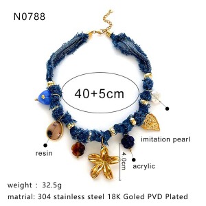 Collier Pendentif En Tissu Couleur Or En Résine Avec Cœur Et Fleur, 1 Pièce h5 Image2