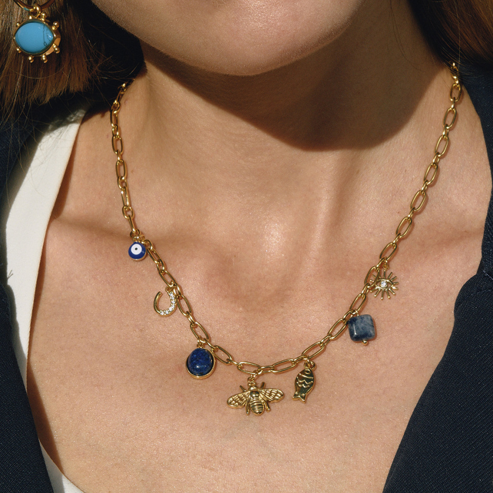 Collier Pendentif Femme Luxueux En Acier Inoxydable, Couleur Or, Orné D'Une Abeille En Lapis-Lazuli Et D'Un Bijou En Abeille. Image2