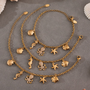 Ensembles De Bijoux Pour Femmes En Acier Inoxydable, Étanches, Couleur Or Et Zircon, Inspirés De La Série Organismes Marins h5 Image4