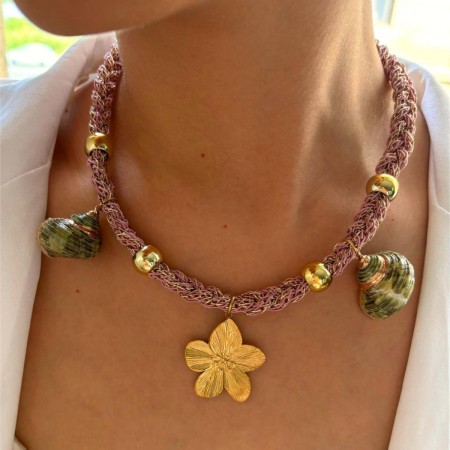 Collier pendentif en tissu coquillage et fleur, 1 pièce