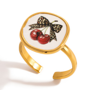 Bague Statement En Acier Inoxydable Doré, Imprimé Léopard Et Cerise Douce (1 Pièce) h5 