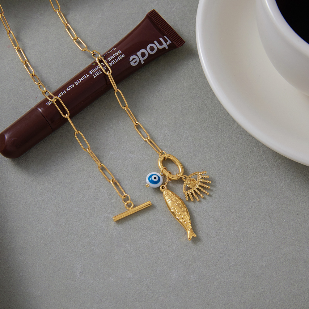 Collier Pendentif Femme En Acier Inoxydable Doré, Étanche, Orné D'Un Poisson Œil De Diable (1 Pièce) Image5