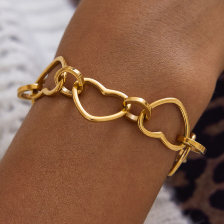 Bracelet à maillons pour femme, en acier inoxydable, couleur or, avec motif cœur simple (1 pièce).