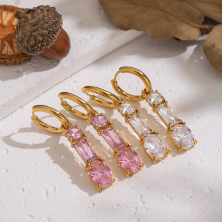 1 paire de boucles d'oreilles de soirée en acier inoxydable étanche, couleur or, zircon rose 2