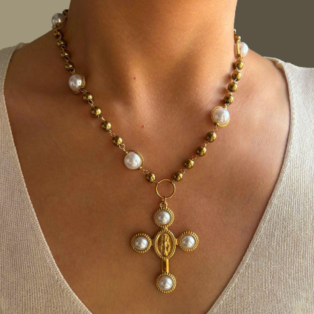Collier de perles artificielles couleur or, 1 pièce, croix