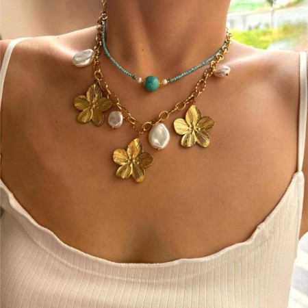 Collier pendentif en acier inoxydable imperméable avec pierre naturelle et fleur (1 pièce) 2