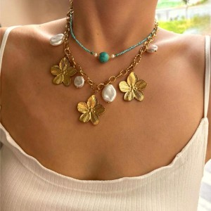 Collier Pendentif En Acier Inoxydable Imperméable Avec Pierre Naturelle Et Fleur (1 Pièce) h5 Image3
