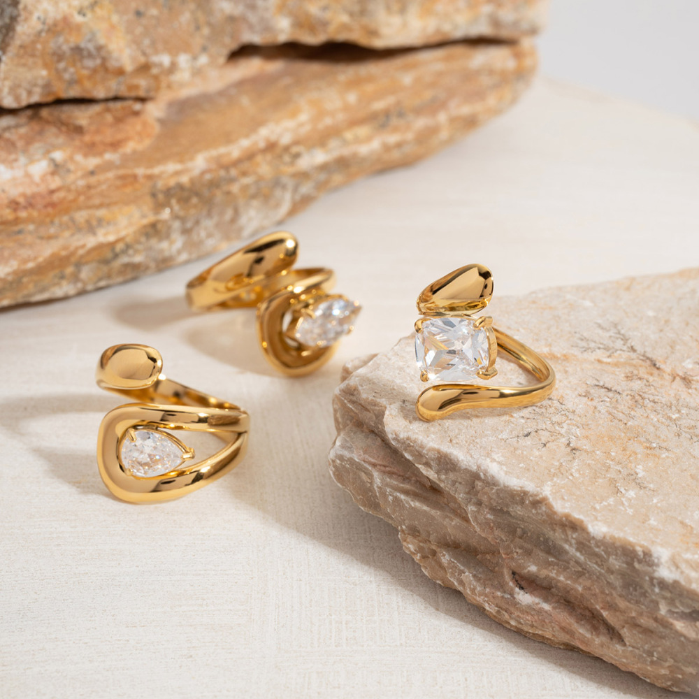 Bague Pour Femme En Acier Inoxydable Doré, Forme Simple Et Irrégulière, Étanche, Ornée D'Une Pierre Précieuse. h5Image6