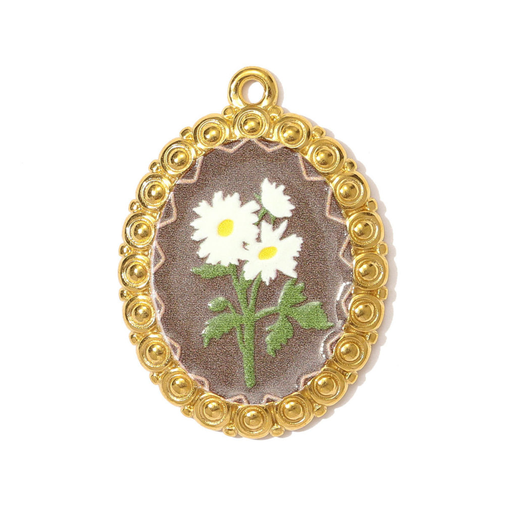 Pendentif Ovale Élégant En Acier Inoxydable Couleur Or, En Forme De Fleur, Pour Femme (1 Pièce)