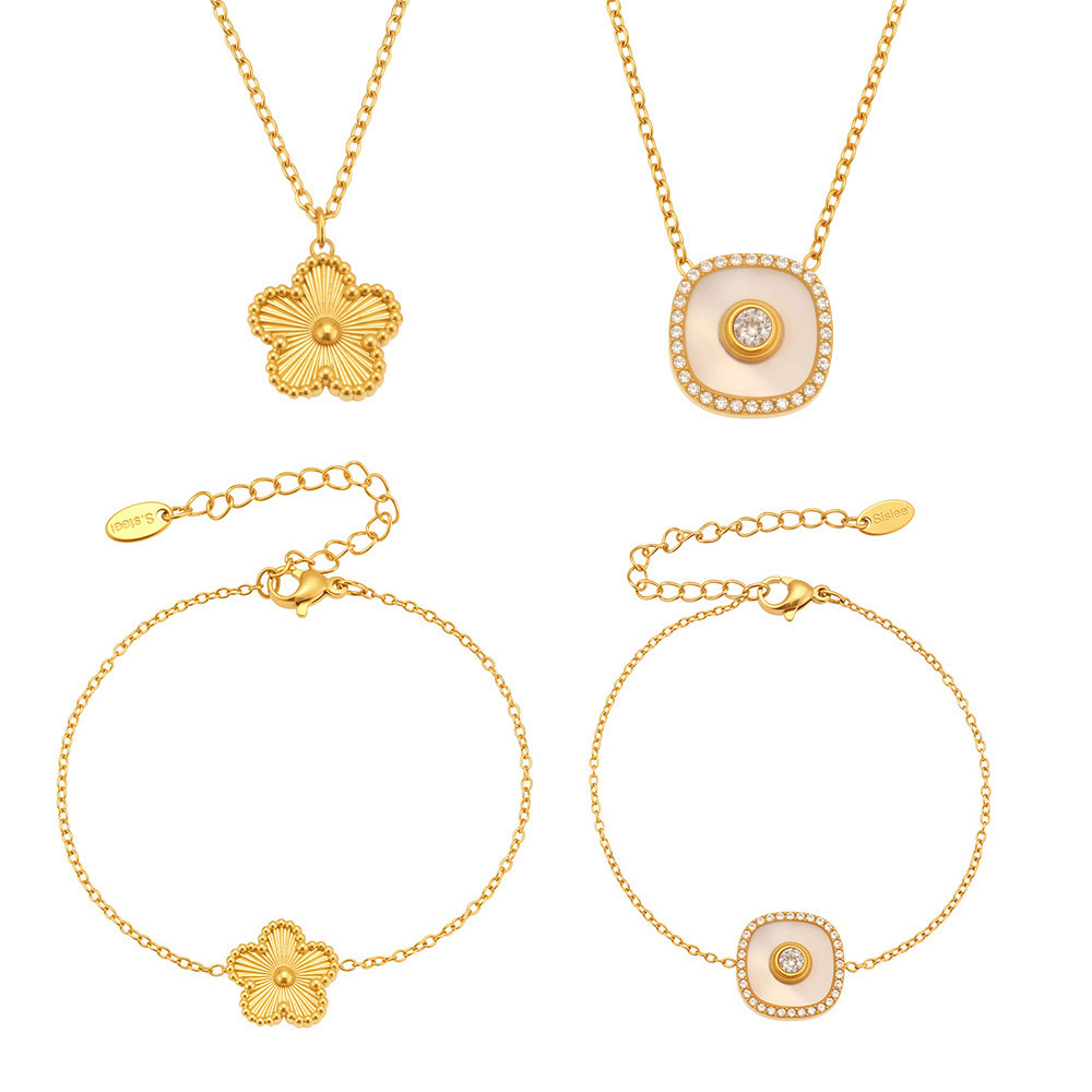 Ensembles De Bijoux Pour Femmes En Acier Inoxydable, Couleur Or, Avec Motif Floral Simple Image8