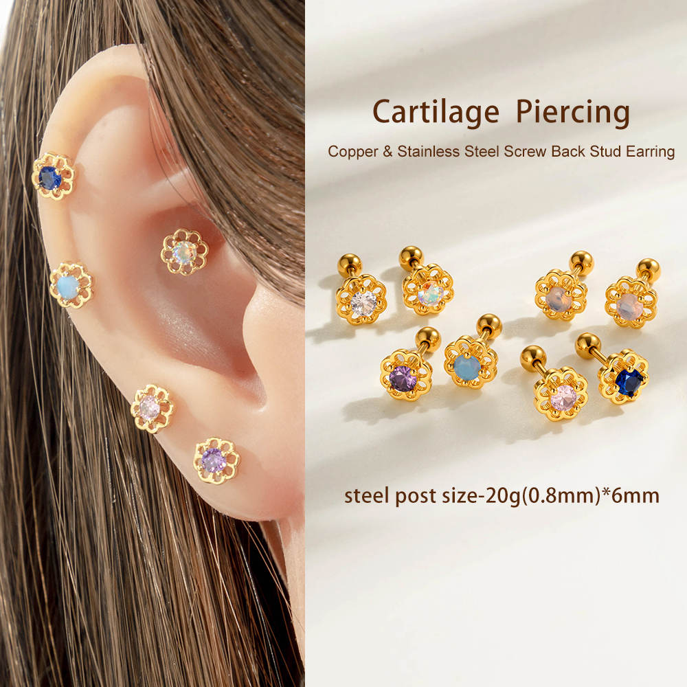 Boucle D'Oreille Piercing Fleur Cuivre Or Zircon 1 Pièce h5Image4