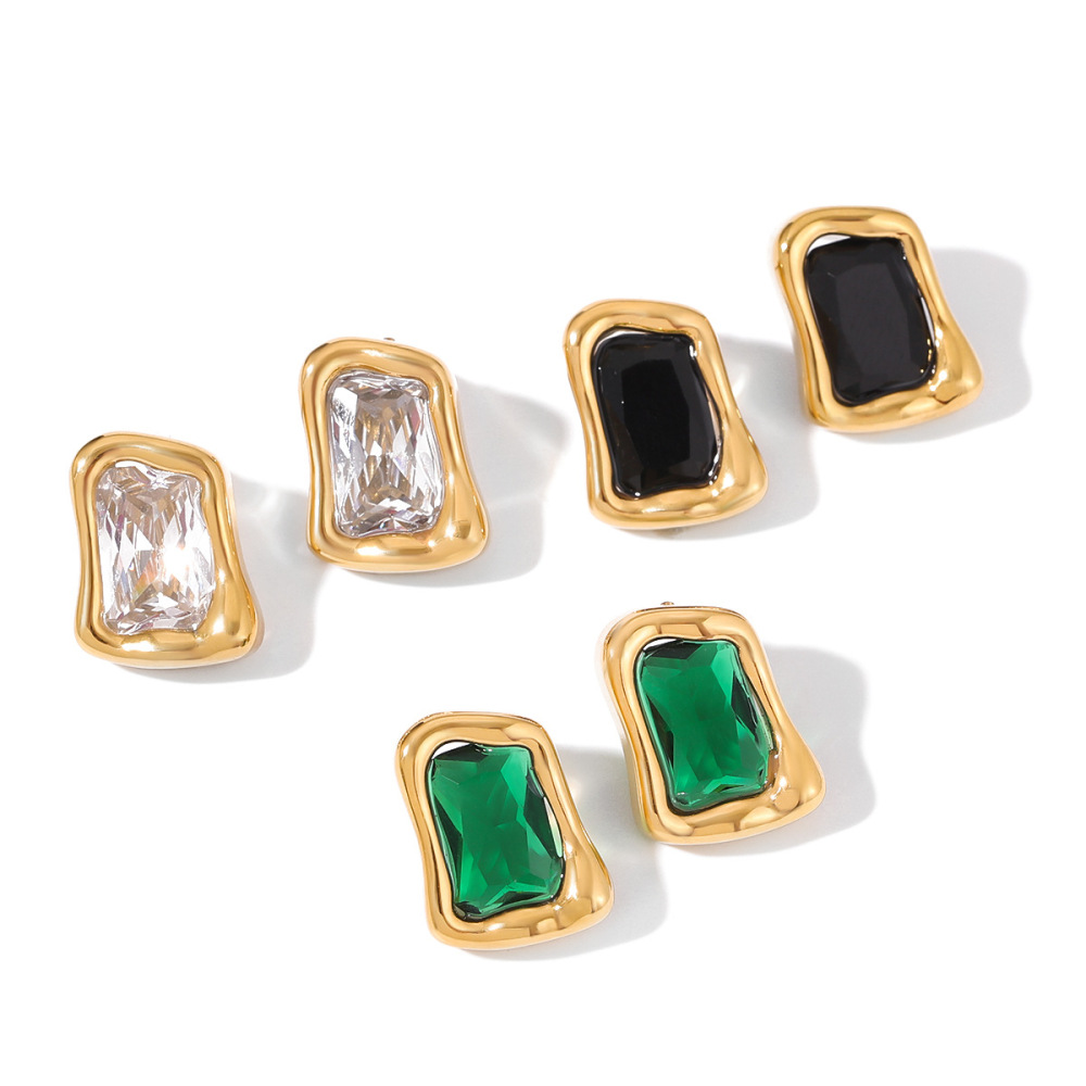 Boucles D'Oreilles Puces Pour Femme, 1 Paire, Forme Rectangulaire, Zircon, Acier Inoxydable Étanche, Couleur Or. Image7