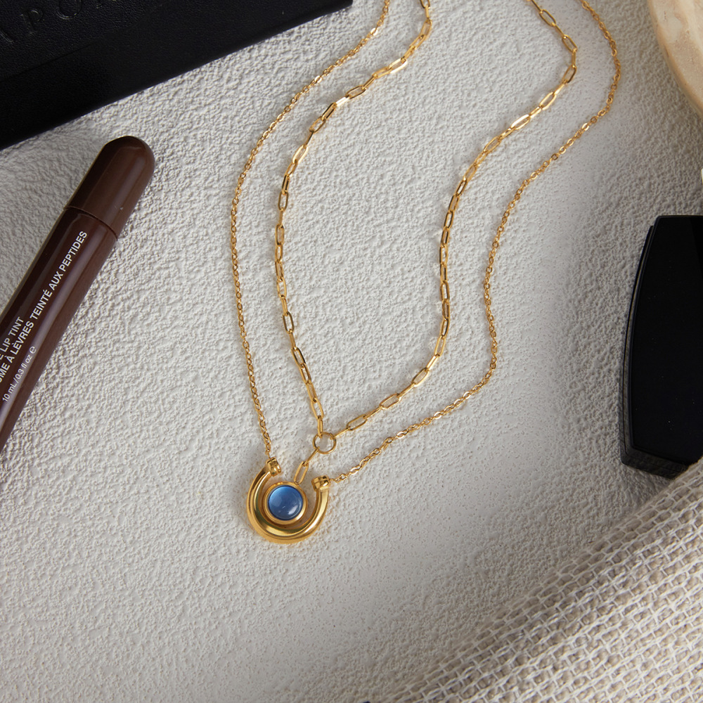 Collier Pendentif Femme Classique En Résine Bleue, Cercle, Acier Inoxydable, Étanche, Couleur Or (1 Pièce) Image7