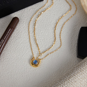 Collier Pendentif Femme Classique En Résine Bleue, Cercle, Acier Inoxydable, Étanche, Couleur Or (1 Pièce) h5 Image7