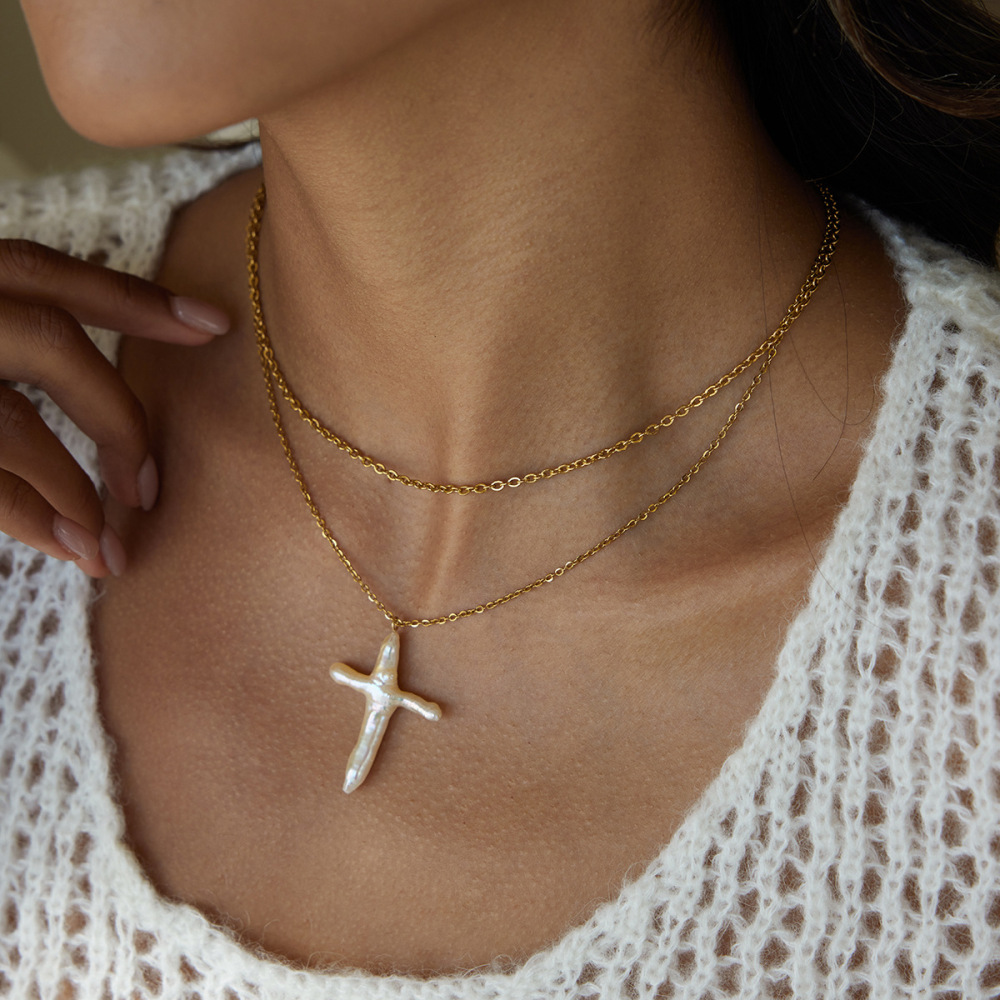 Collier Pendentif Élégant En Forme De Croix, En Acier Inoxydable Étanche, Couleur Or, Avec Perle, Pour Femme (1 Pièce) Image3