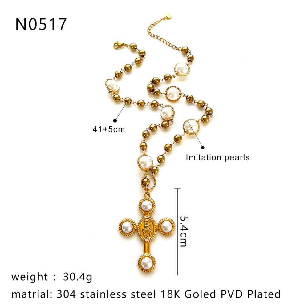 Collier De Perles Artificielles Couleur Or, 1 Pièce, Croix Image2