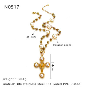 Collier De Perles Artificielles Couleur Or, 1 Pièce, Croix h5 Image2