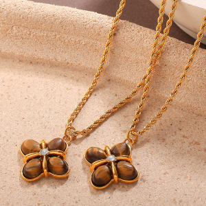 Collier Pendentif Rétro En Acier Inoxydable Doré Avec Pierre Naturelle Et Fleur (1 Pièce) h5 Image4