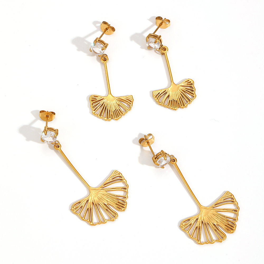 1 Paire De Boucles D'Oreilles Pendantes Rétro En Acier Inoxydable, Couleur Or, Étanches, En Forme De Feuille. Image3