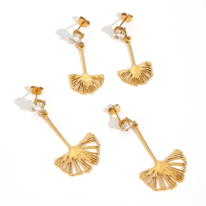 1 Paire De Boucles D'Oreilles Pendantes Rétro En Acier Inoxydable, Couleur Or, Étanches, En Forme De Feuille. h5 Image3