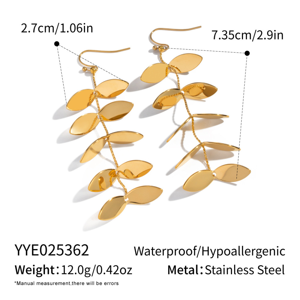 Boucles D'Oreilles Pendantes En Acier Inoxydable Doré, Étanches, En Forme De Feuille (1 Paire)