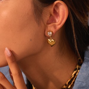 Boucles D'Oreilles Pendantes Élégantes Et Luxueuses En Forme De Cœur Et De Trèfle, Rectangulaires, En Acier Inoxydable Étanche, Couleur Or, Pour Femme (1 Paire). h5 Image2