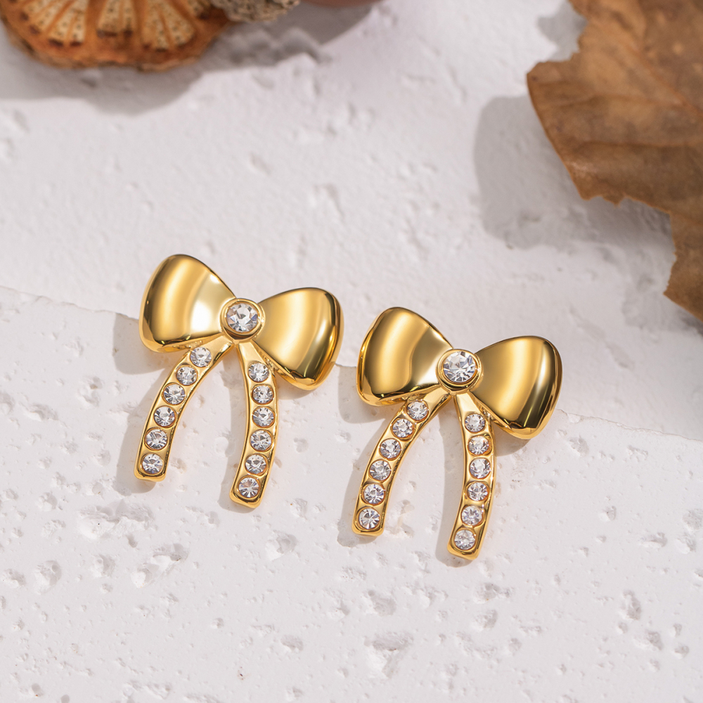 1 Paire De Boucles D'Oreilles Élégantes À Nœud Papillon En Acier Inoxydable Étanche Couleur Or Image3