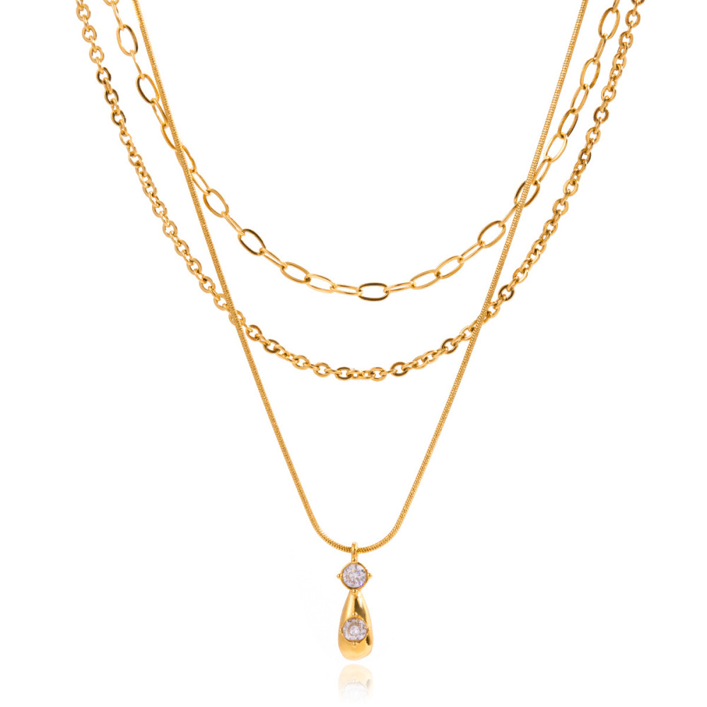 Collier À Plusieurs Rangs Pour Femme, En Acier Inoxydable Doré, Orné D'Un Zircon, Orné D'Une Goutte Classique (1 Pièce) 
