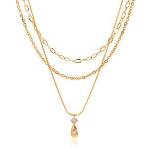 Collier À Plusieurs Rangs Pour Femme, En Acier Inoxydable Doré, Orné D'Un Zircon, Orné D'Une Goutte Classique (1 Pièce) h5 
