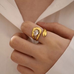 Bague Pour Femme En Acier Inoxydable Doré, Forme Simple Et Irrégulière, Étanche, Ornée D'Une Pierre Précieuse. h5 Image4