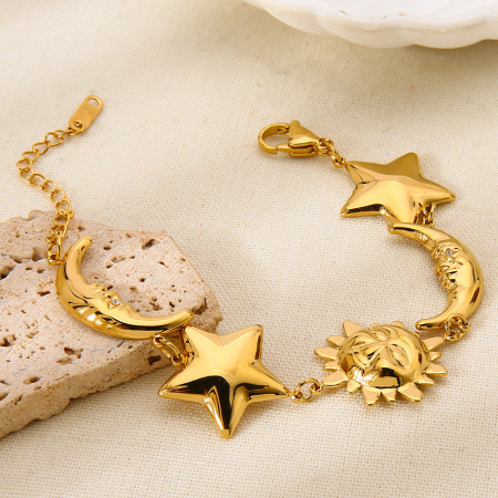 Bracelet classique soleil et lune en acier inoxydable étanche couleur or pour femme (1 pièce)