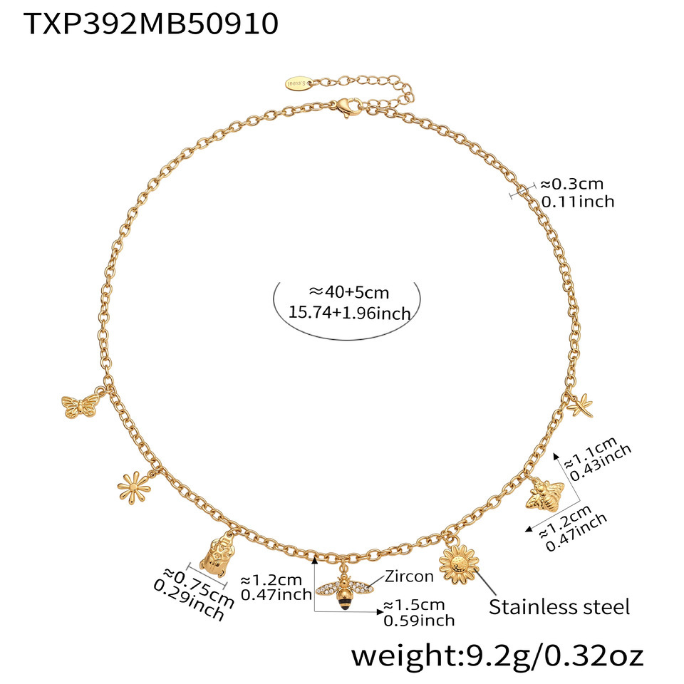 Collier Pendentif Femme Luxueux En Acier Inoxydable, Couleur Or, Motif Fleur Et Abeille, Étanche (1 Pièce)