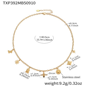 Collier Pendentif Femme Luxueux En Acier Inoxydable, Couleur Or, Motif Fleur Et Abeille, Étanche (1 Pièce) h5