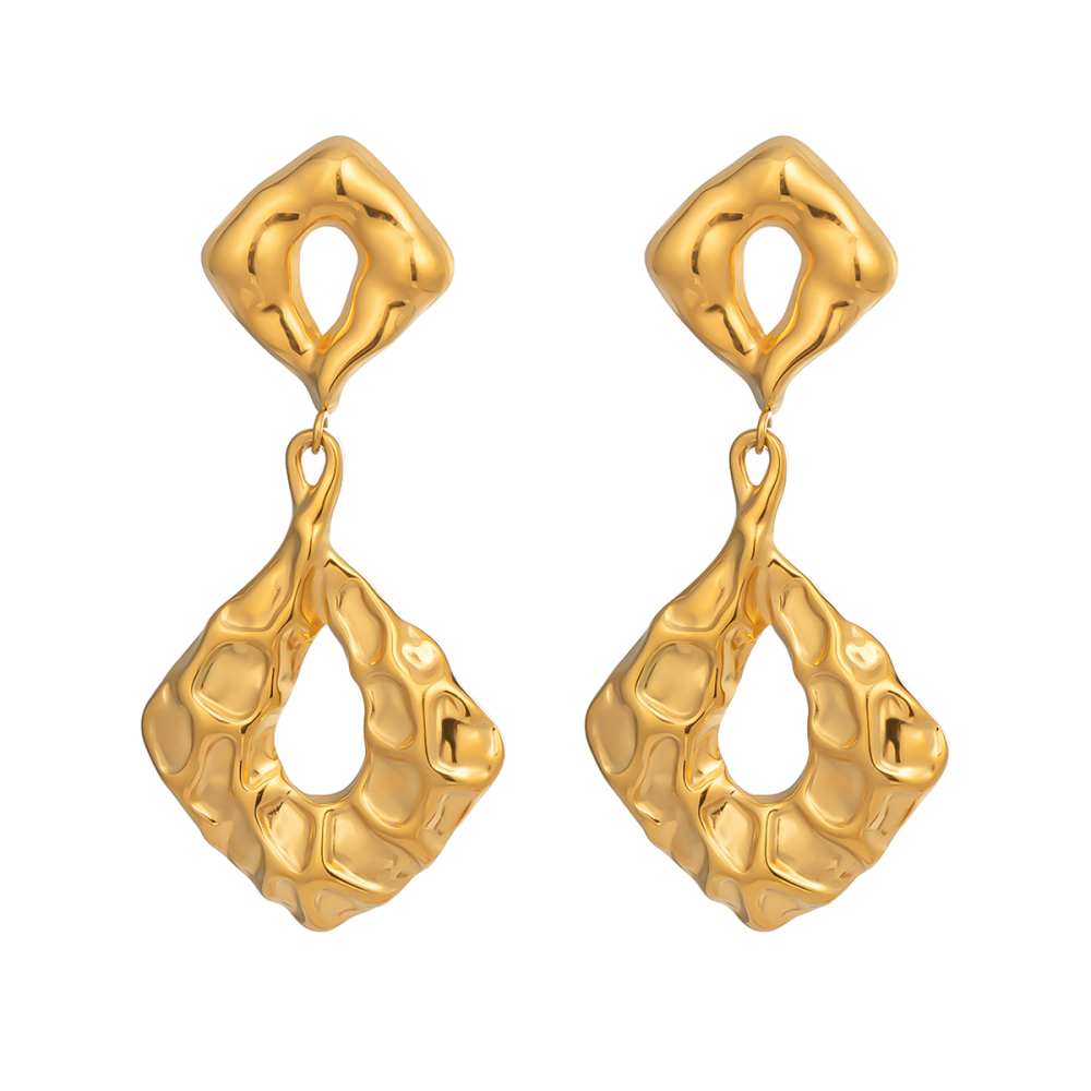 Boucles D'Oreilles Pendantes En Acier Inoxydable Doré, Imperméables, De Forme Irrégulière Et À Motif Martelé (1 Paire). Image5