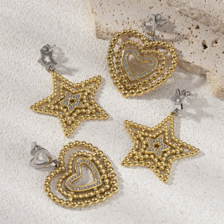 Boucles d'oreilles pendantes en acier inoxydable doré, étanches, en forme de cœur et d'étoile (1 paire) 2