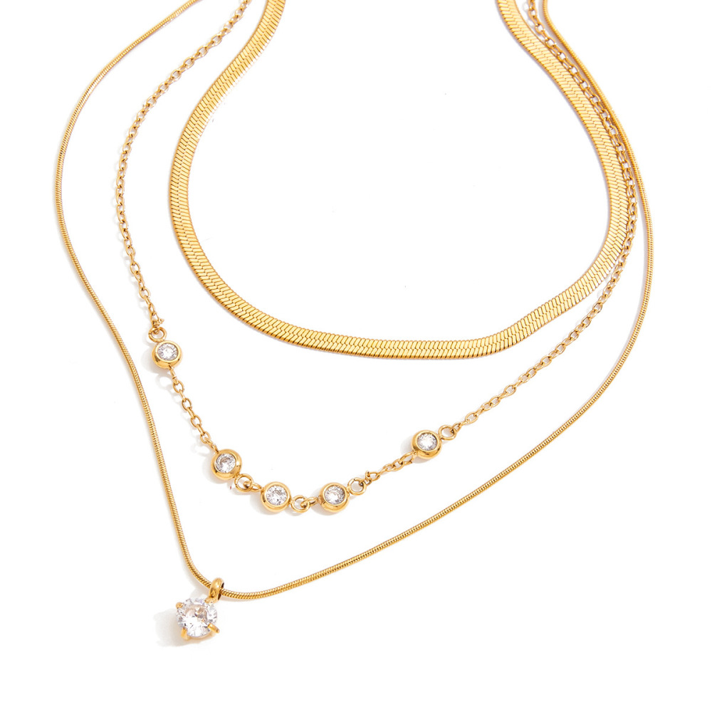 Collier À Plusieurs Rangs Pour Femme, En Acier Inoxydable Doré, Orné D'Un Zircon, Style Moderne Rond Et Étanche (1 Pièce) 