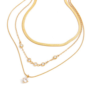 Collier À Plusieurs Rangs Pour Femme, En Acier Inoxydable Doré, Orné D'Un Zircon, Style Moderne Rond Et Étanche (1 Pièce) h5 