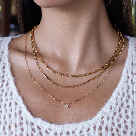 Collier à plusieurs rangs pour femme, en acier inoxydable doré, orné d'un zircon et d'un cercle simple (1 pièce)