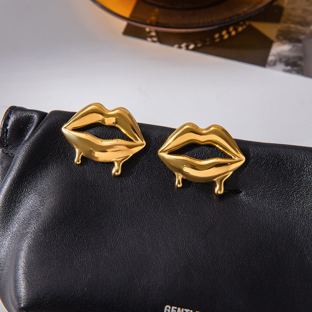 1 Paire De Boucles D'Oreilles Puces Classiques En Forme De Lèvres, En Acier Inoxydable Étanche, Couleur Or, Pour Femme Image5