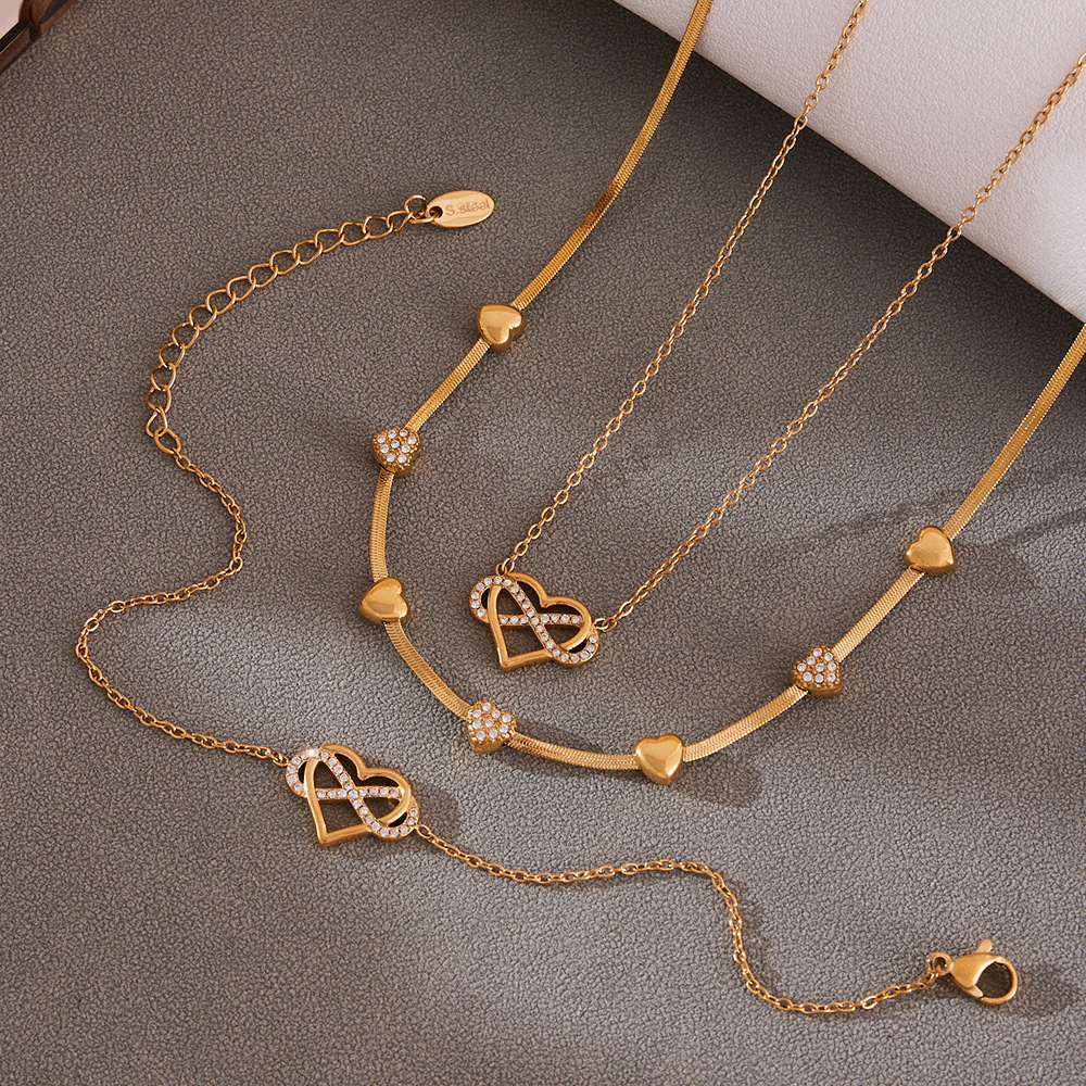 Ensembles De Bijoux Pour Femmes En Acier Inoxydable Imperméable Avec Zircon Doré, Motif Cœur Romantique Et Infini h5Image4