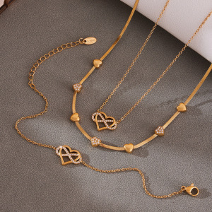 Ensembles De Bijoux Pour Femmes En Acier Inoxydable Imperméable Avec Zircon Doré, Motif Cœur Romantique Et Infini h5 Image4