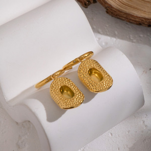 1 Paire De Boucles D'Oreilles Pendantes Ethniques En Acier Inoxydable Doré, Imperméables, À Motif Martelé h5 Image4