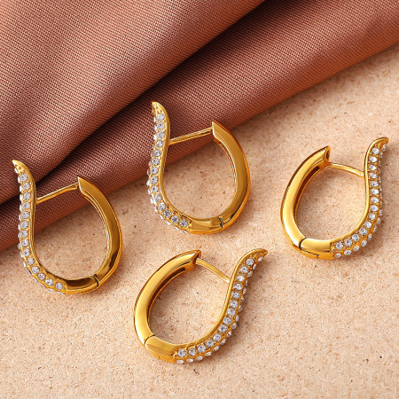1 paire de boucles d'oreilles créoles en acier inoxydable étanche, couleur or, avec cristaux 2