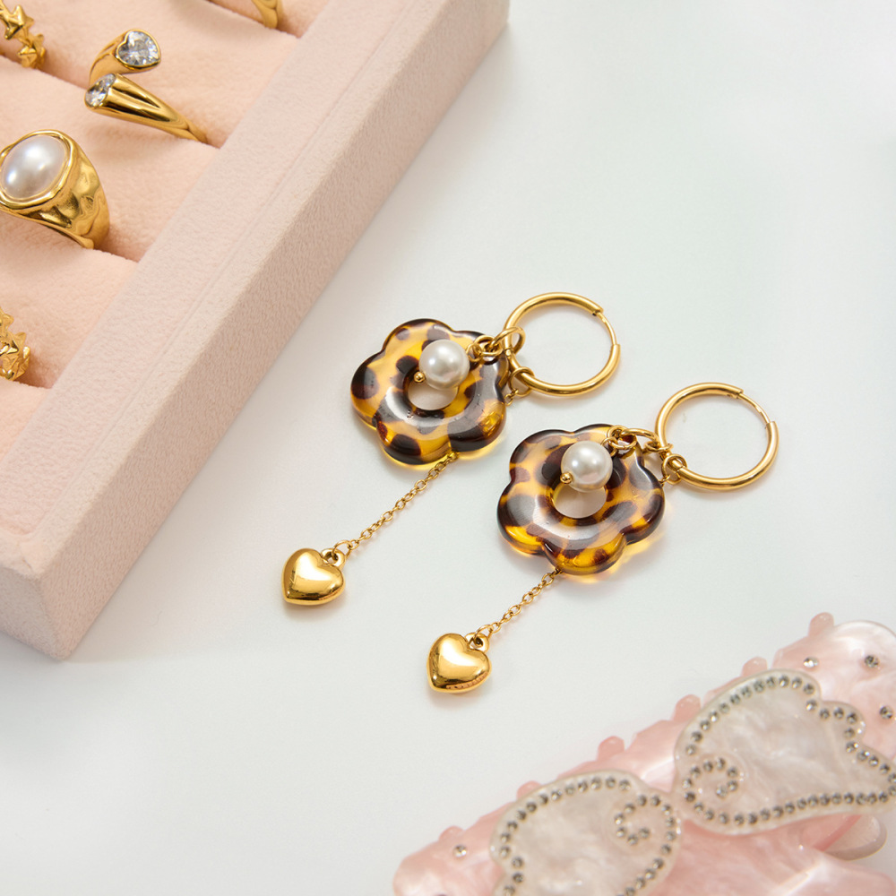 1 Paire De Boucles D'Oreilles Pendantes Pour Femme, En Acrylique Et Acier Inoxydable Imperméables, À Motif Léopard Et Fleurs. h5Image6