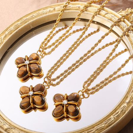 Collier pendentif rétro en acier inoxydable doré avec pierre naturelle et fleur (1 pièce) 2