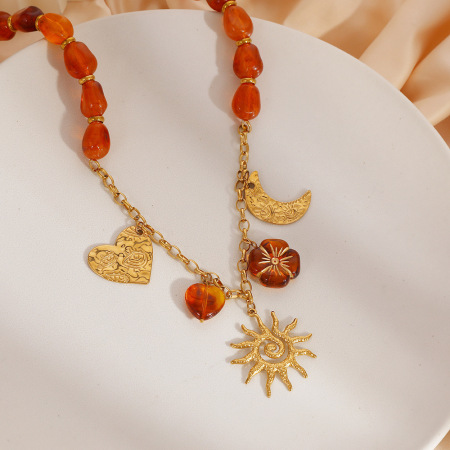 Collier ethnique DIY pour femme, en acier inoxydable, imperméable, avec perles, motif fleur, cœur et soleil (1 pièce) 2