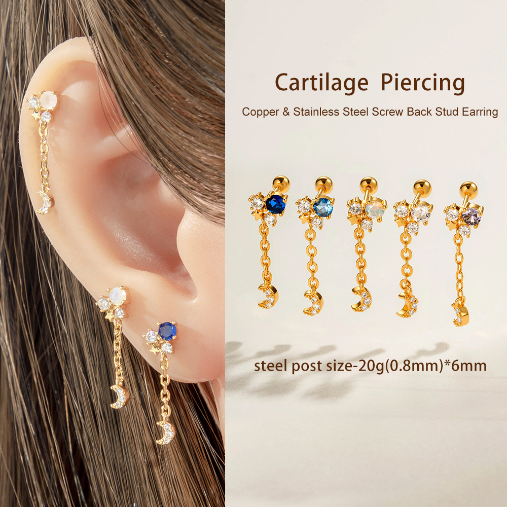 1 Boucle D'Oreille Piercing Pompon Lune Cuivre Or Zircon h5Image4