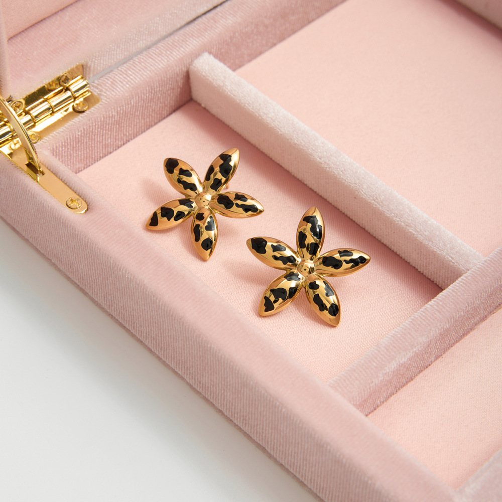 1 Paire De Boucles D'Oreilles Puces Sexy À Fleurs Et Imprimé Léopard, En Acier Inoxydable Étanche, Couleur Or. Image4